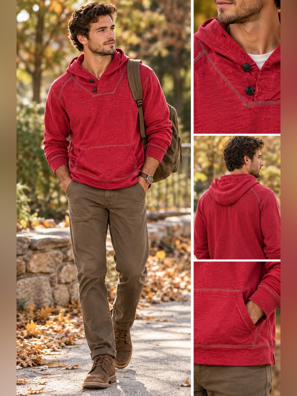 Banana Republic 100% Cotton Red Contrast Stitch Henley Hoodie Knit Gorpcore XL